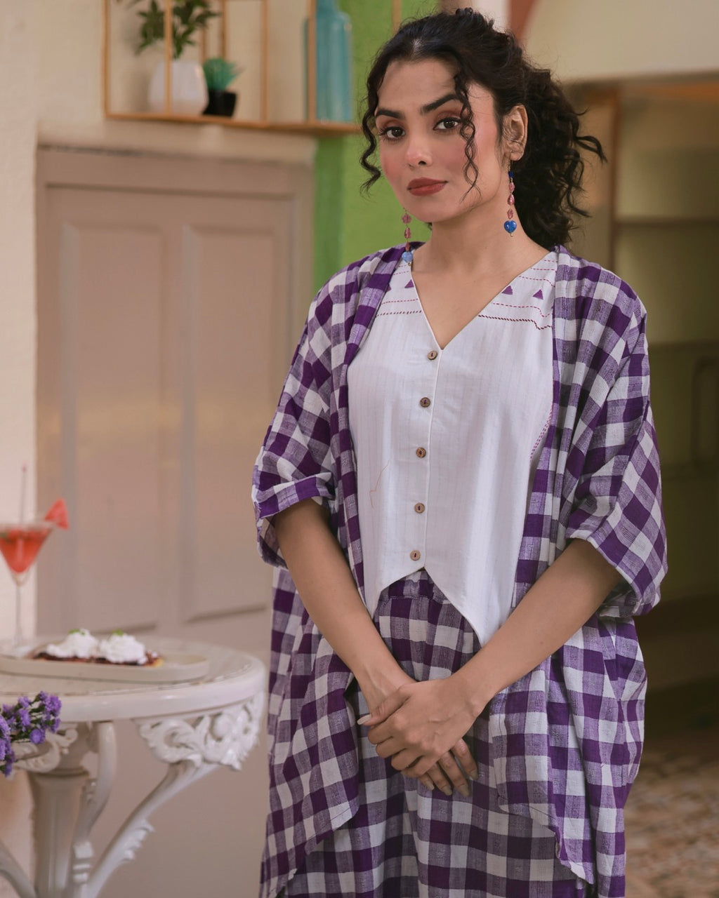 Gingham kimono overlay