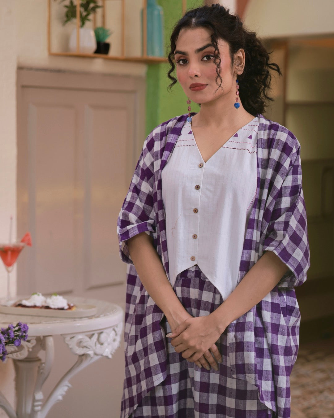 Gingham kimono overlay