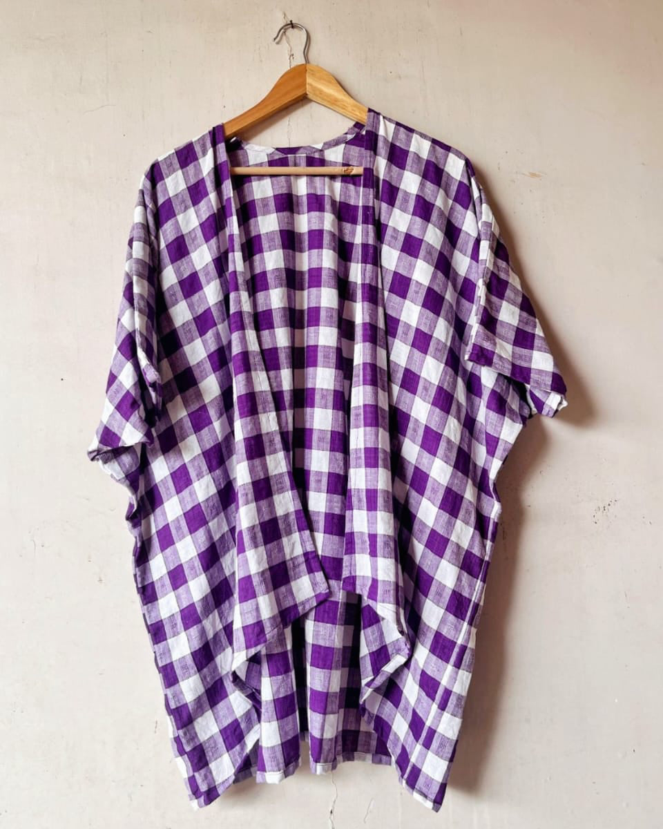 Shop Overlay: Purple gingham kimono overlay online at bebaakstudio.com
