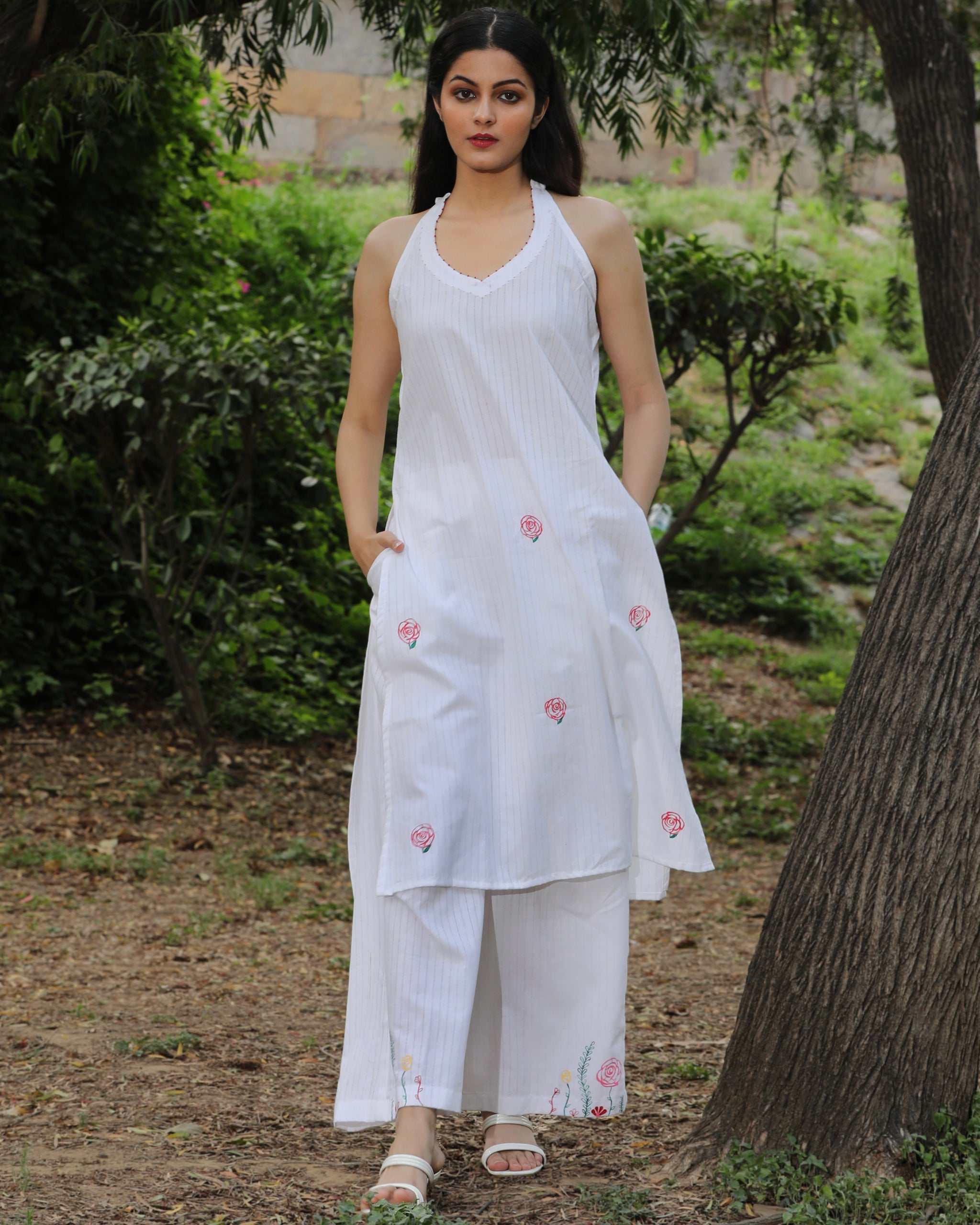 White Halter-neck Back Print Tunic 17099