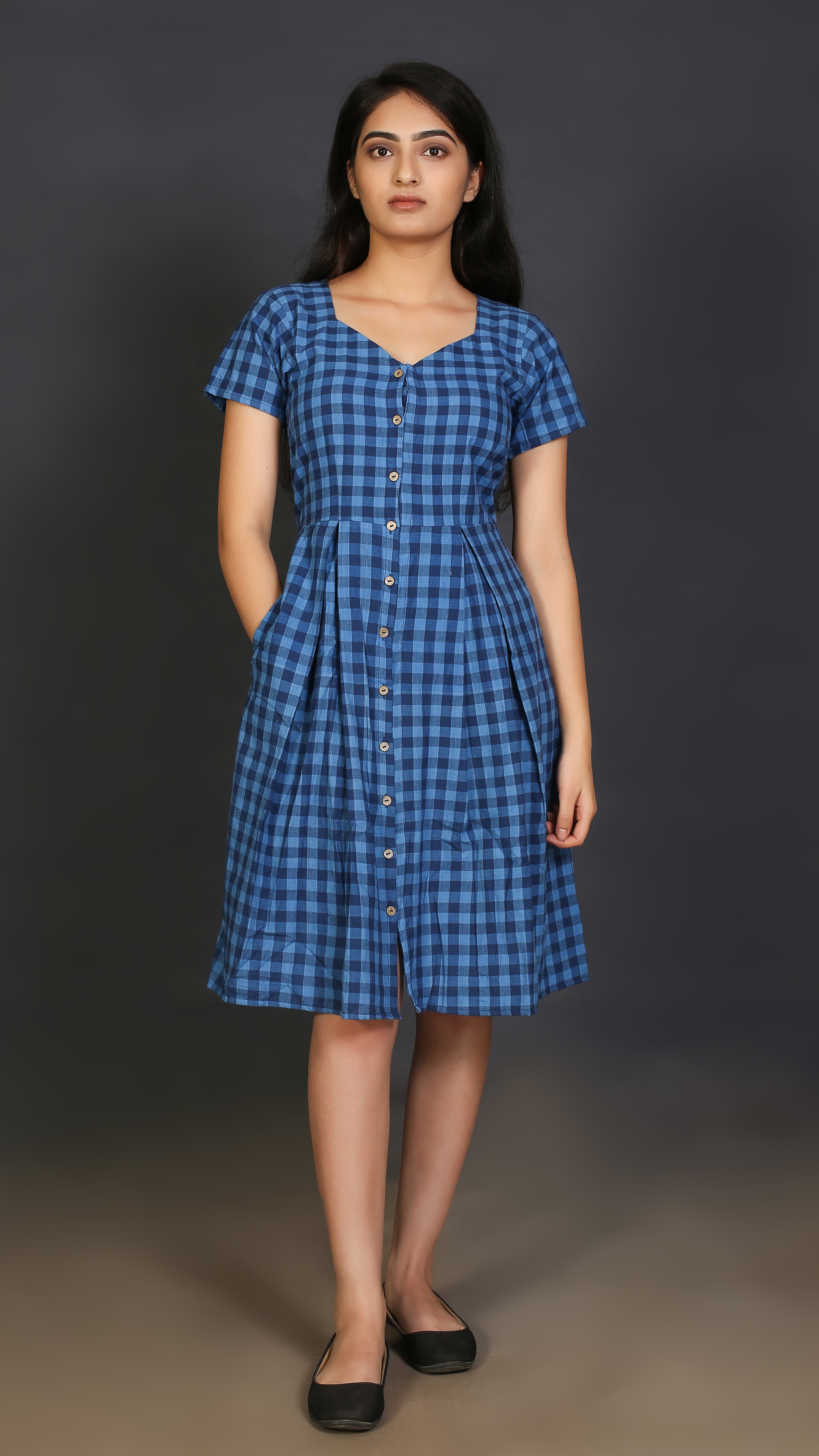 Blue  Black Checked Fit and Flare Dress