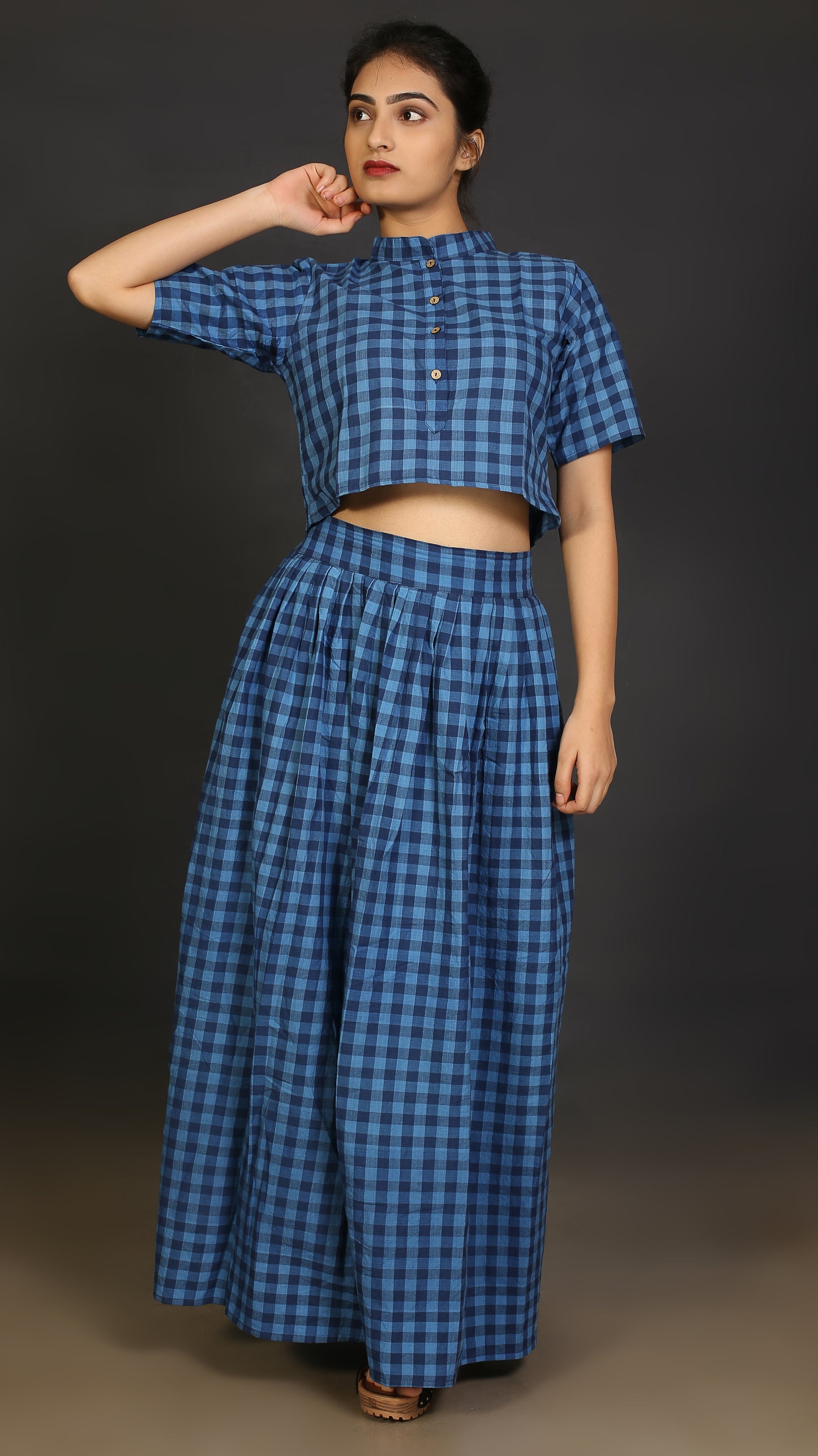 Blue mandarin collar crop top online available at bebaakstudio.com