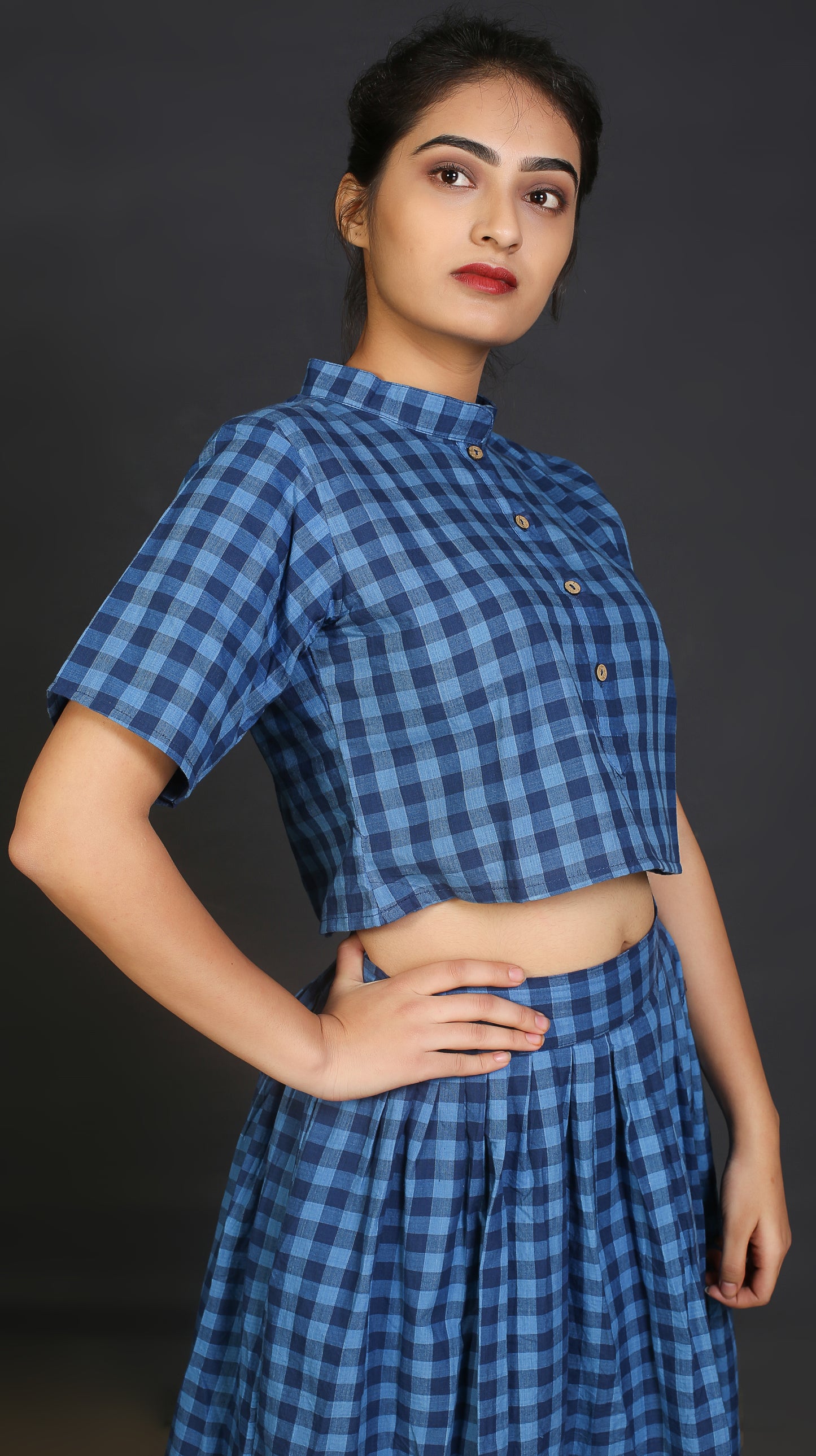 Blue mandarin collar crop top online available at bebaakstudio.com