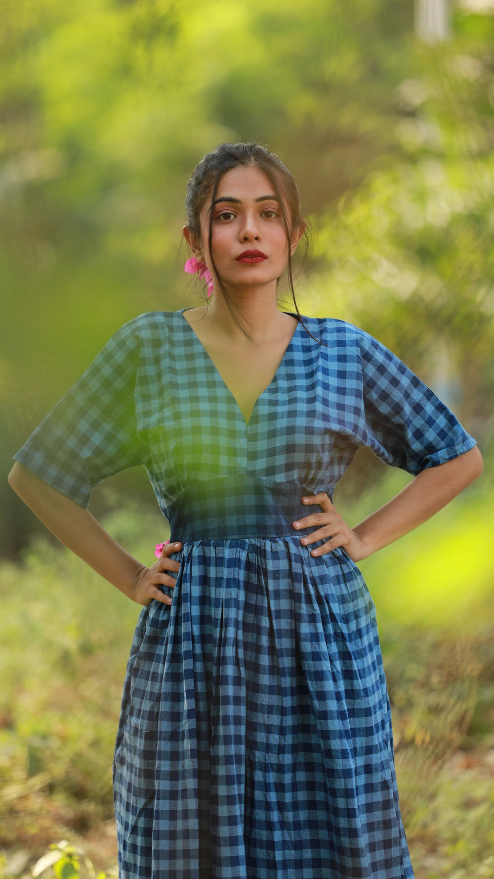 Blue Kimono Gingham Dress