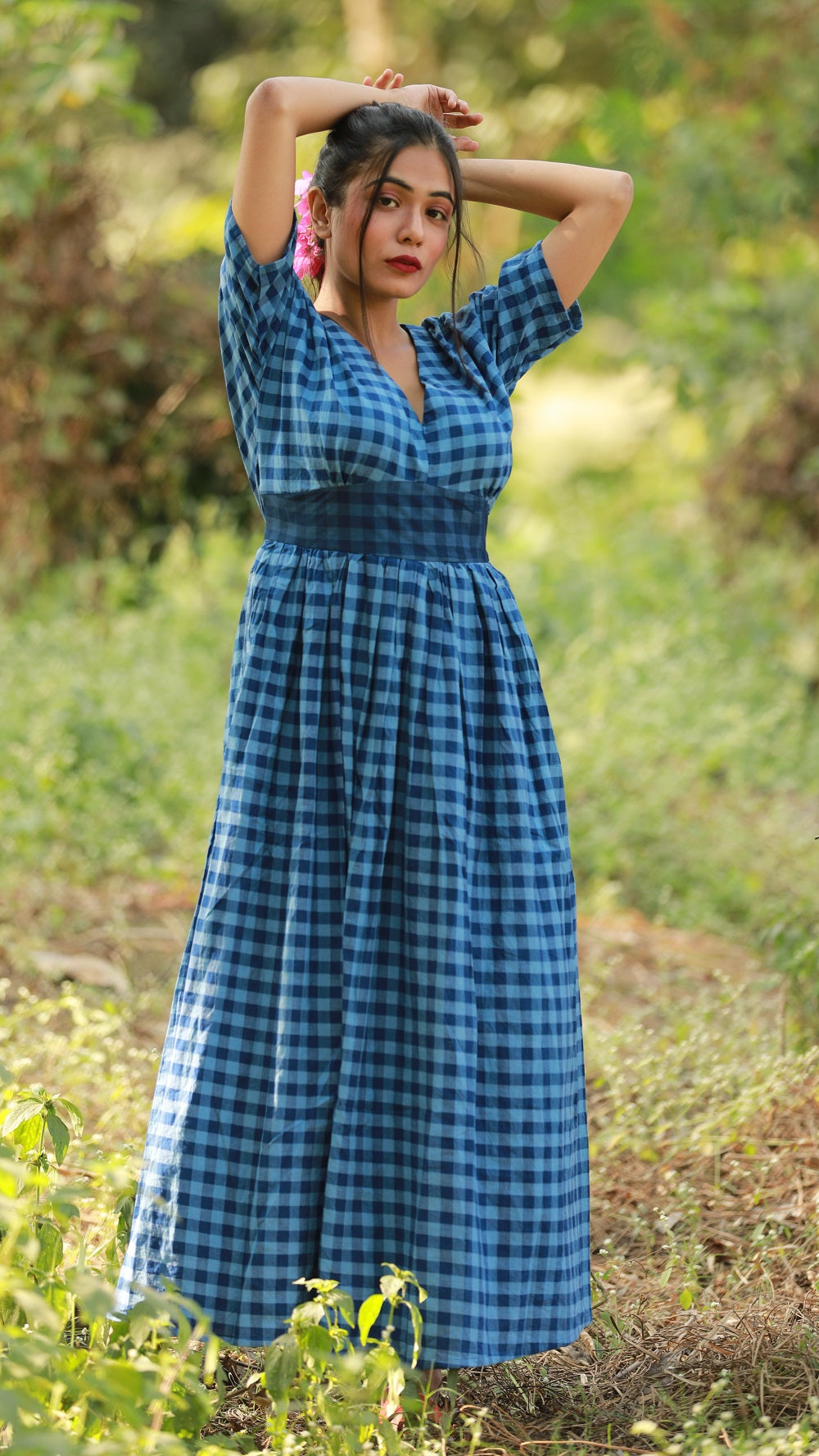 Blue Kimono Gingham Dress