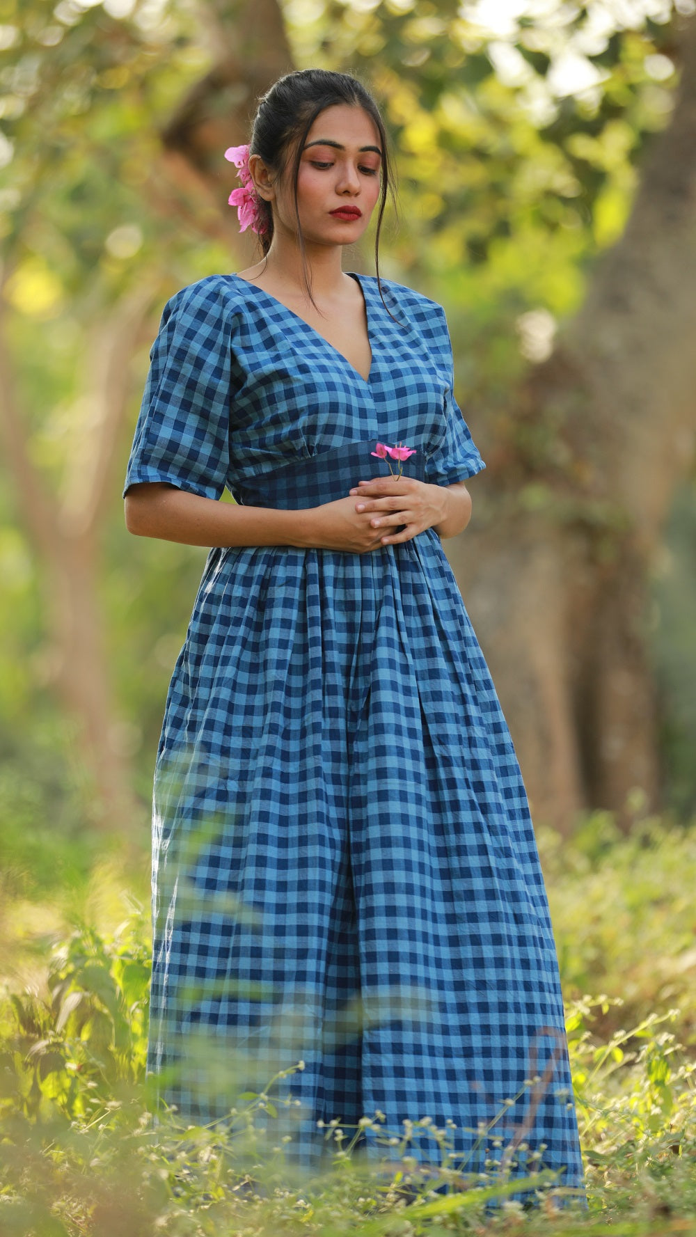 Blue Kimono Gingham Dress