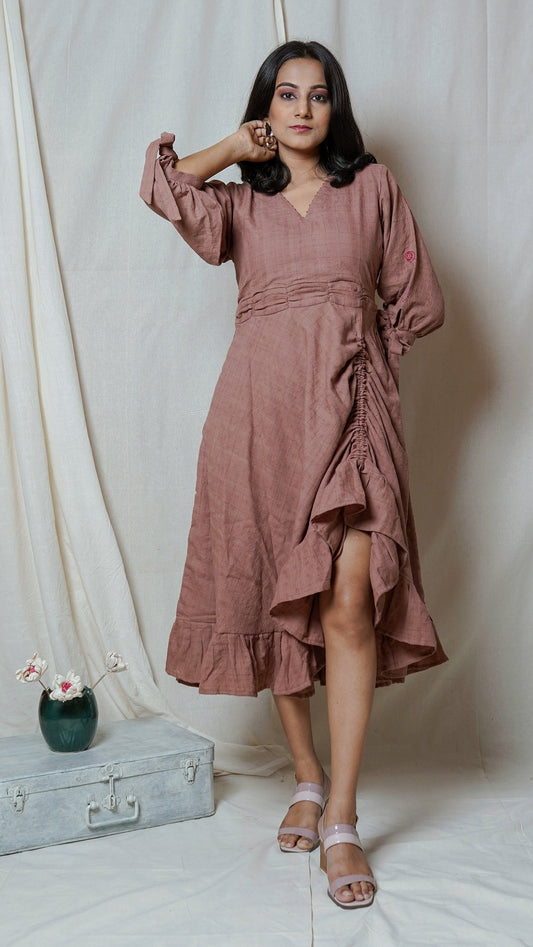 Brown dress: Shop Brown frill dress online at bebaakstudio.com