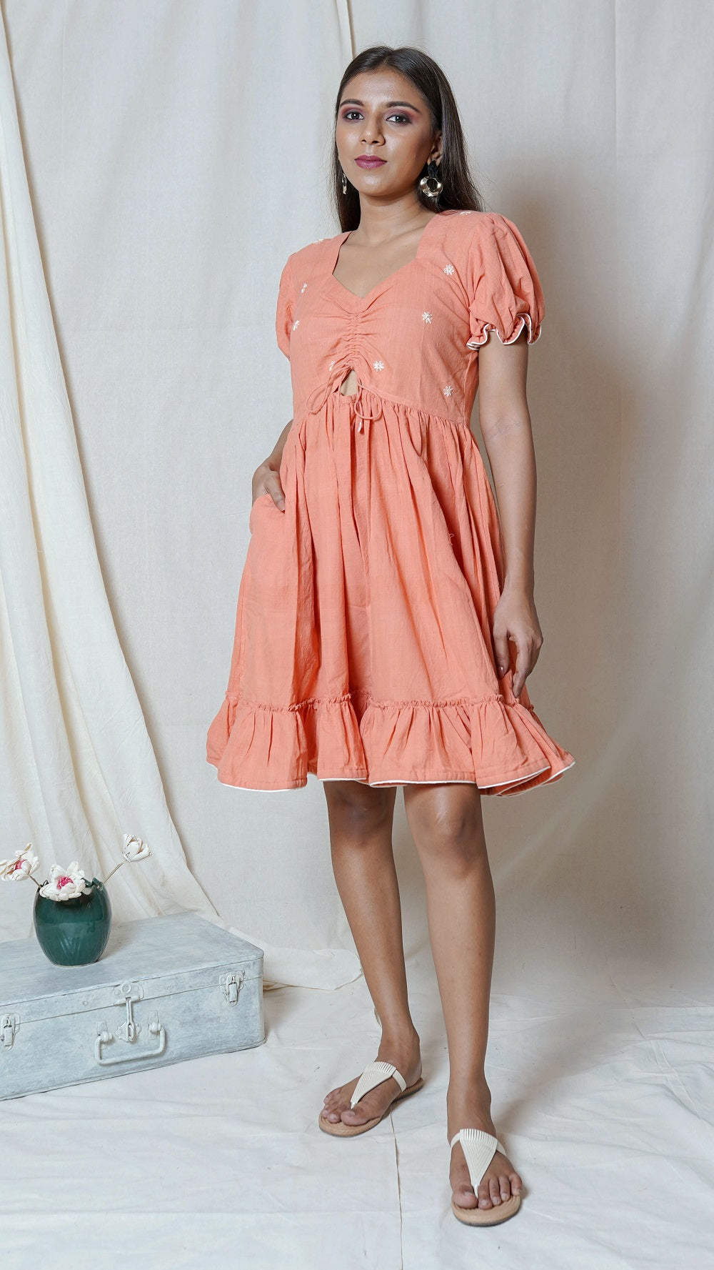 Shop Peach frill knot dress online at bebaakstudio.com
