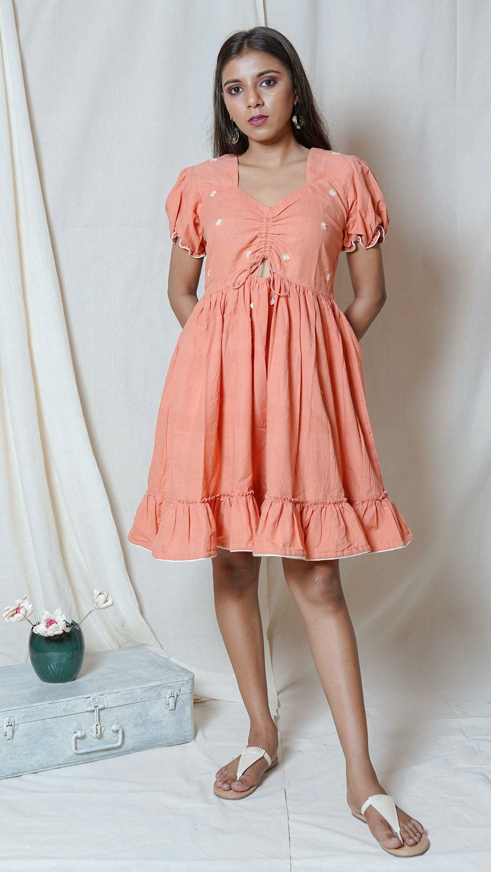 Shop Peach frill knot dress online at bebaakstudio.com