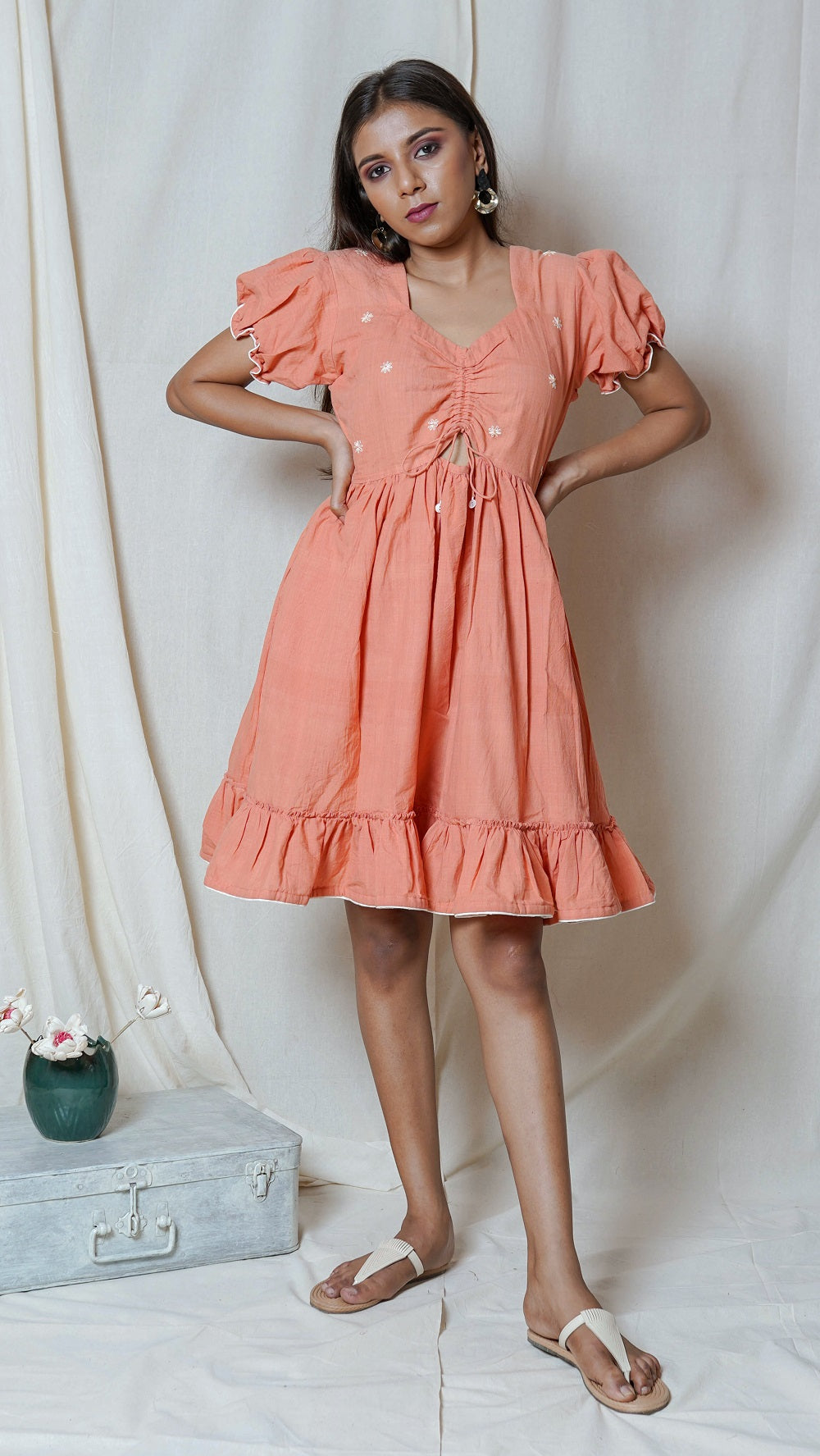 Shop Peach frill knot dress online at bebaakstudio.com