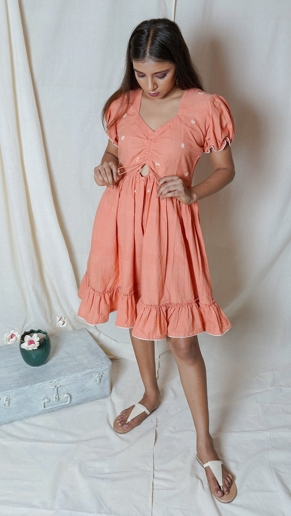 Shop Peach frill knot dress online at bebaakstudio.com