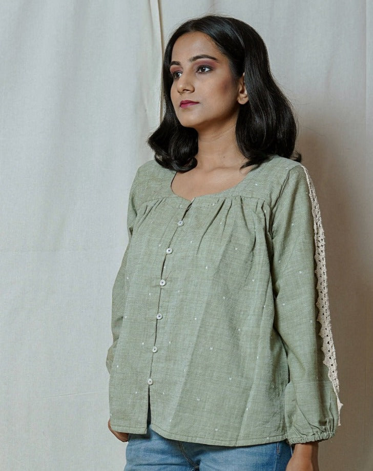 Shop Olive anti fit gathered shirt online at bebaakstudio.com