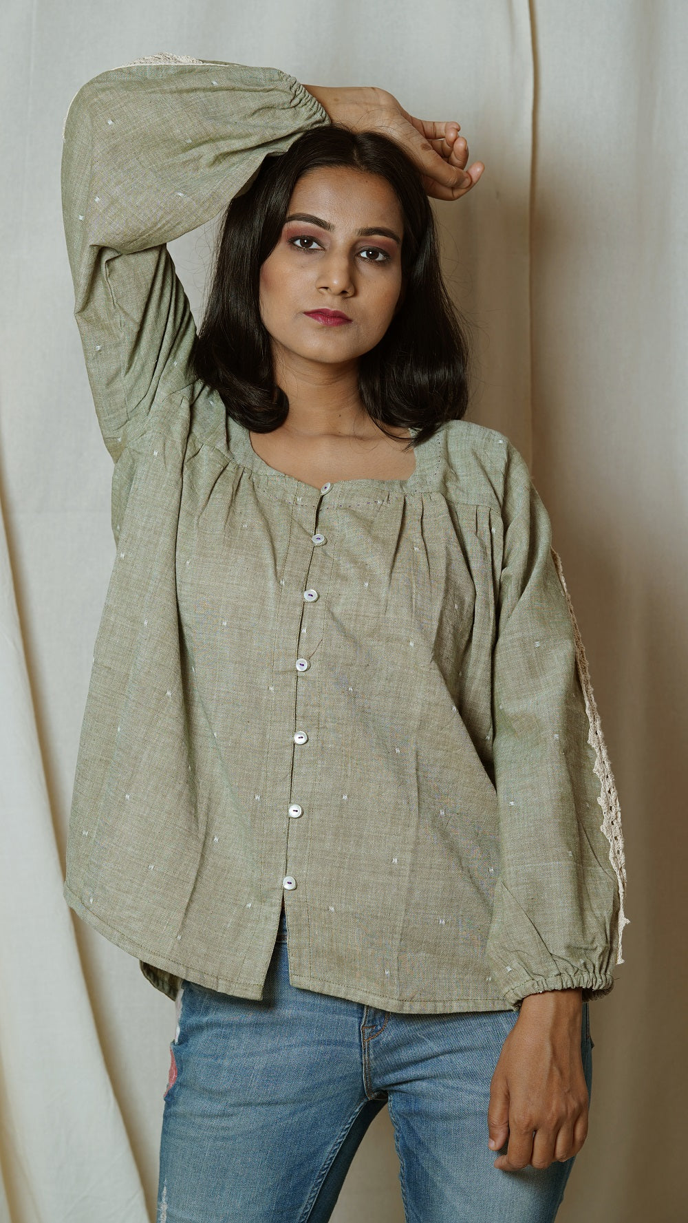 Shop Olive anti fit gathered shirt online at bebaakstudio.com