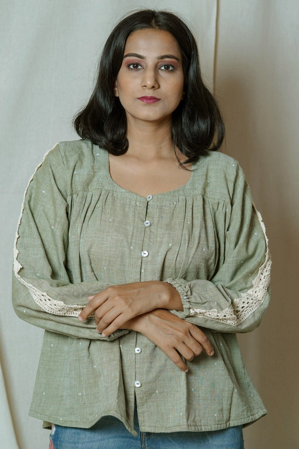 Shop Olive anti fit gathered shirt online at bebaakstudio.com