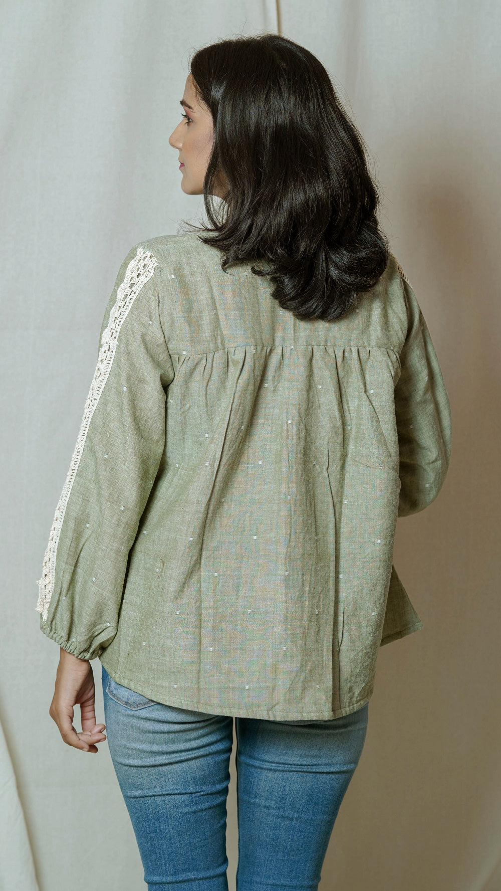 Shop Olive anti fit gathered shirt online at bebaakstudio.com