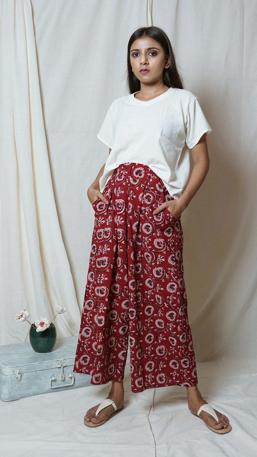 Red cotton block print palazzo online available at bebaakstudio.com