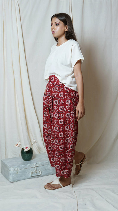 Red cotton block print palazzo online available at bebaakstudio.com