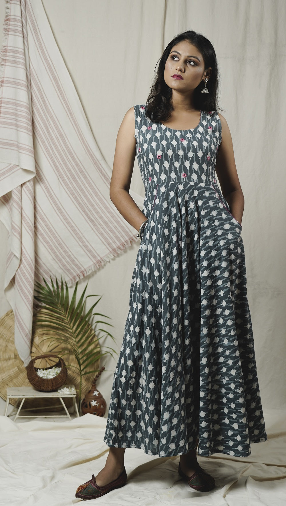 Indigo flared long dress online at bebaakstudio.com