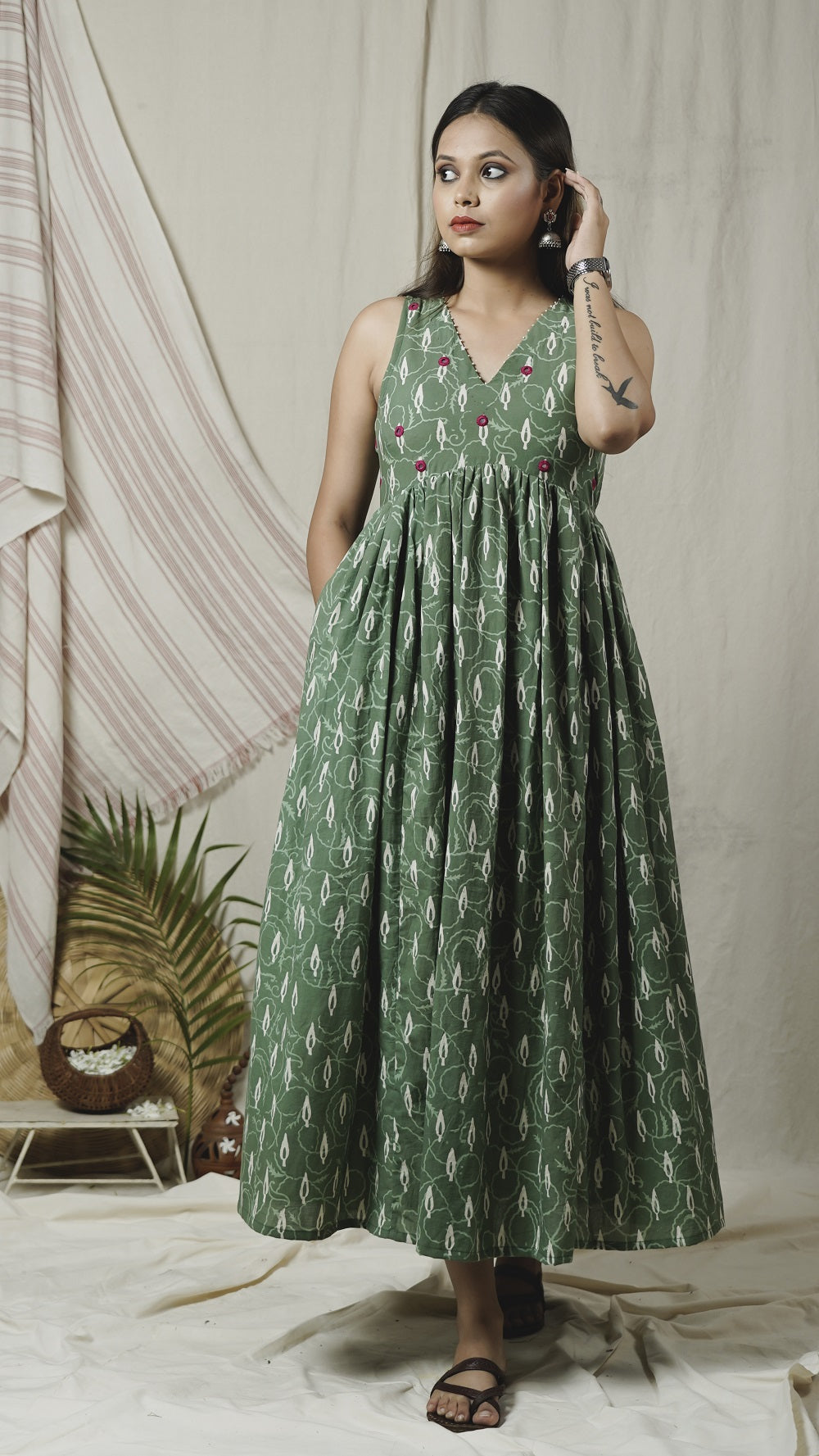 Shop green block print maxi dress online available at bebaakstudio.com