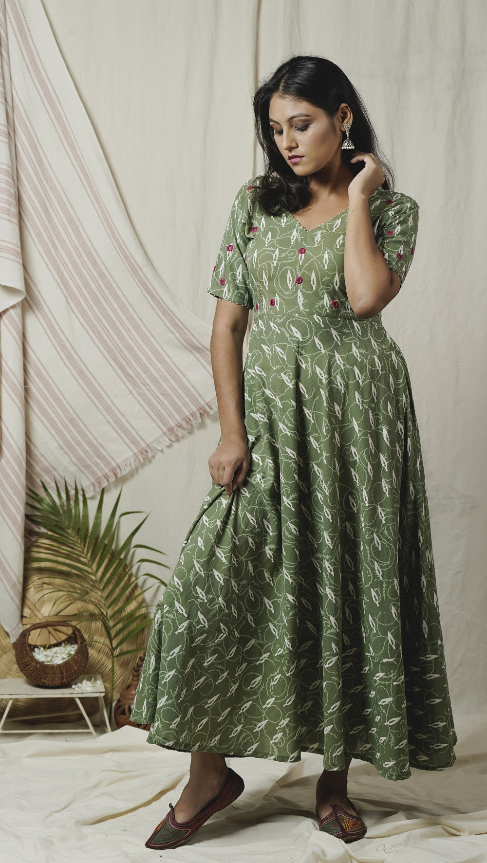 Green block print dress online at bebaakstudio.com