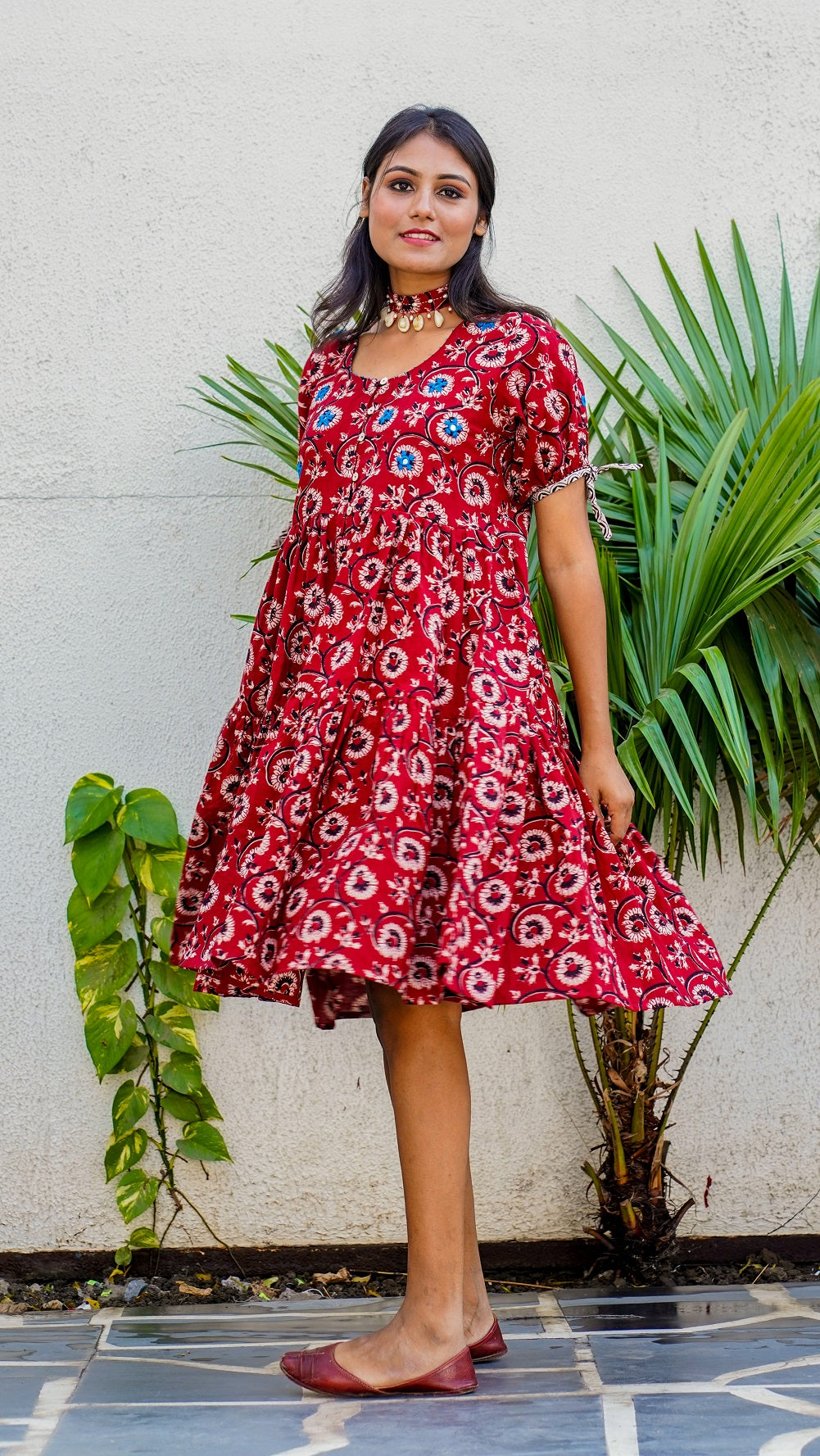 Shop Bagh print red floral tiered dress online at bebaakstudio.com
