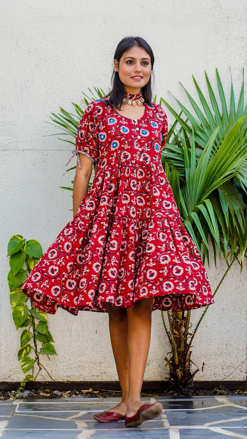 Shop Bagh print red floral tiered dress online at bebaakstudio.com