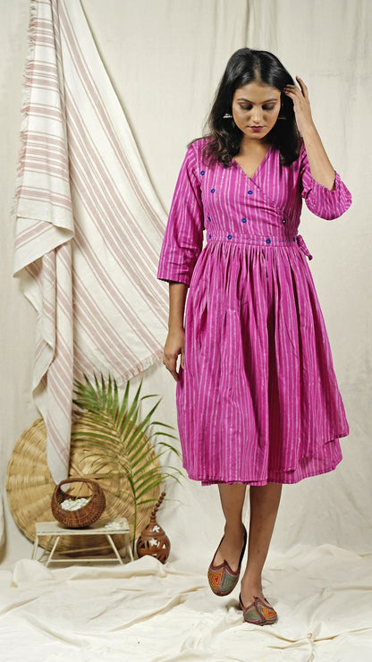 Shop Pink block print wrap dress online at bebaakstudio.com