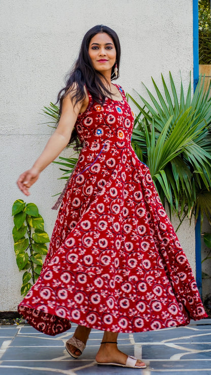Shop Bagh print Flared red maxi dress online at bebaakstudio.com