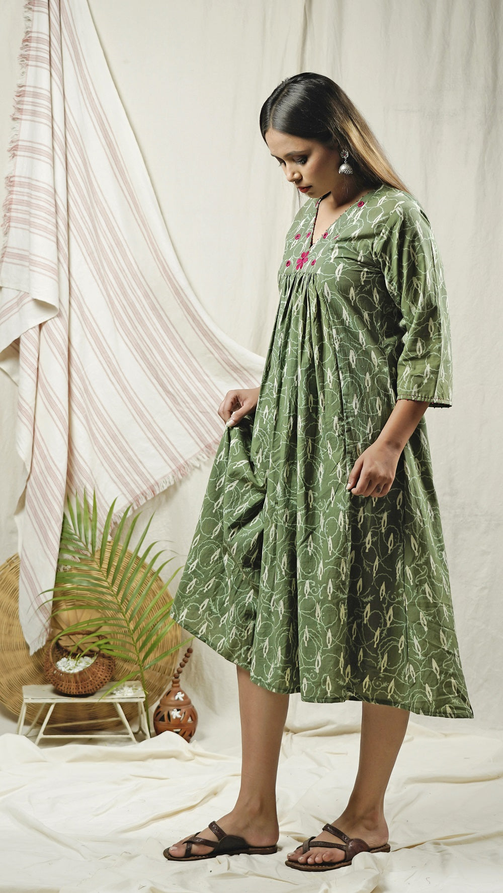 Green block print flowy embroidered dress online at bebaakstudio.com