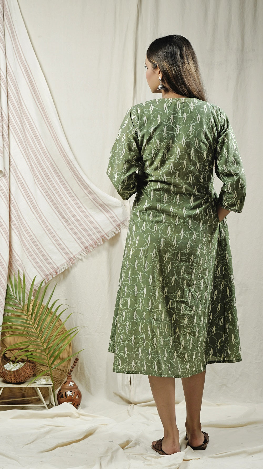 Green block print flowy embroidered dress online at bebaakstudio.com