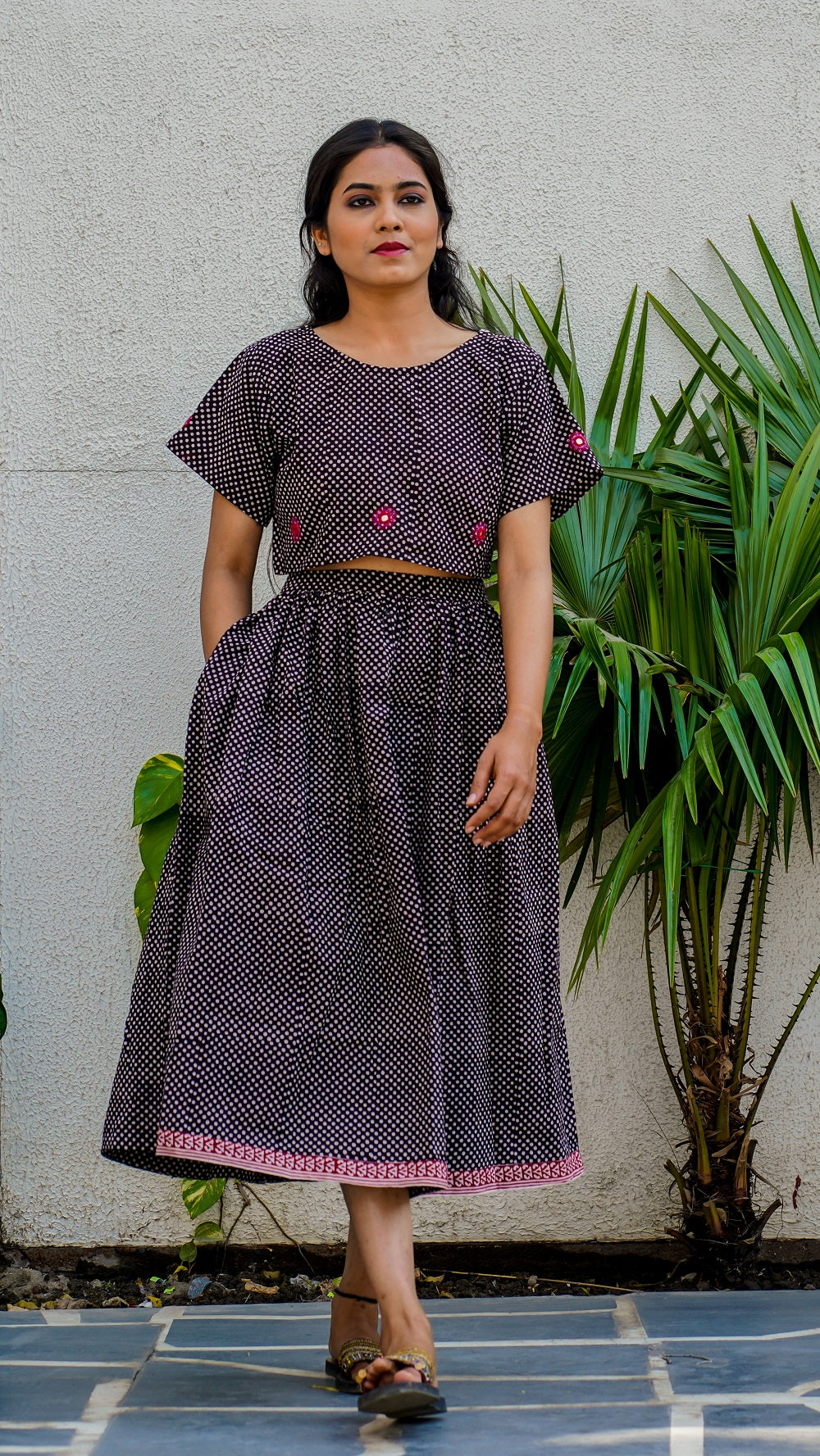 Shop Bagh print black polka skirt set online at bebaakstudio.com