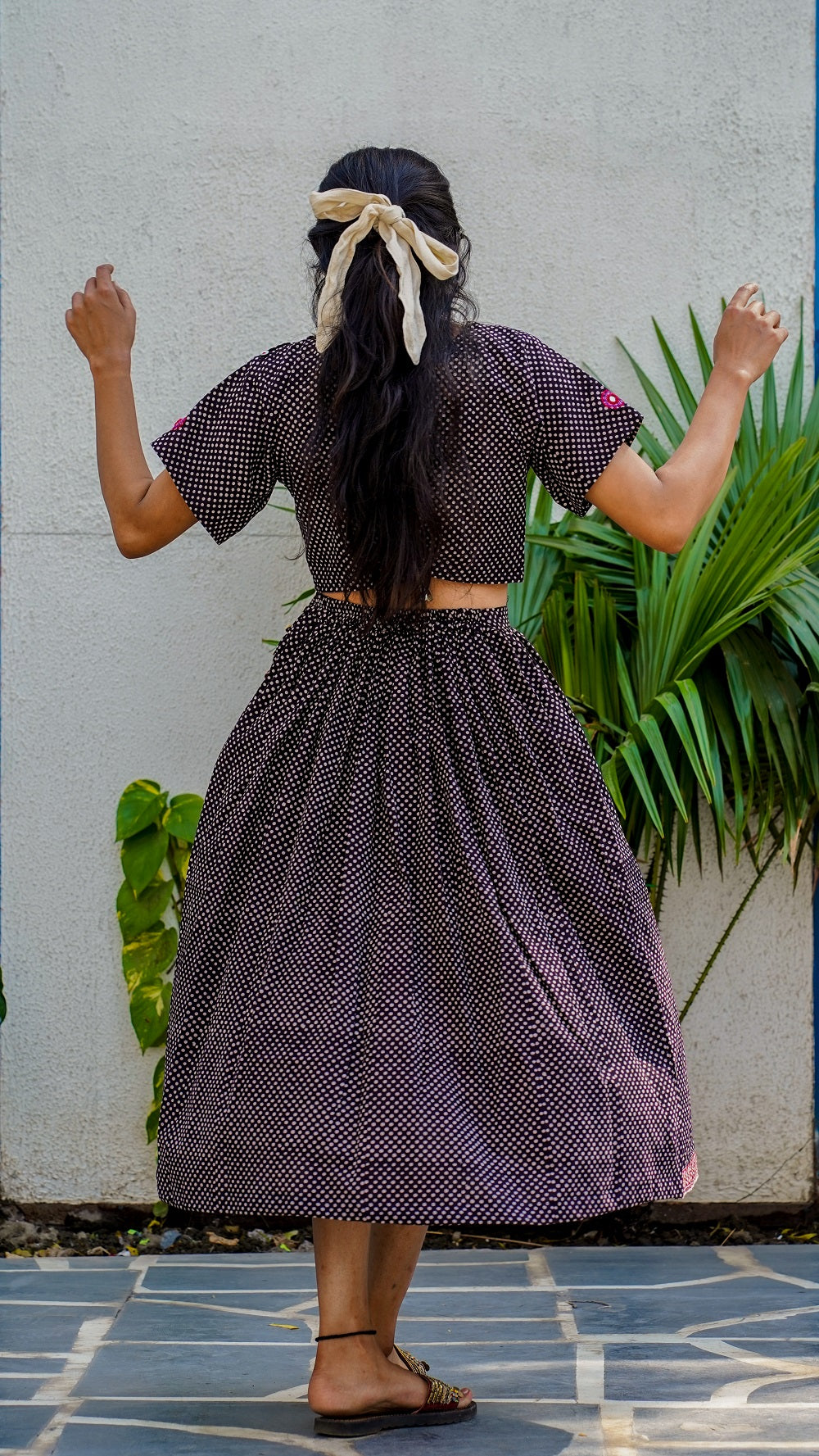 Shop Bagh print black polka skirt set online at bebaakstudio.com