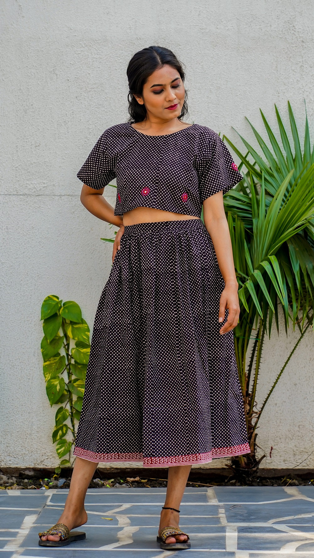 Shop Bagh print black polka skirt set online at bebaakstudio.com