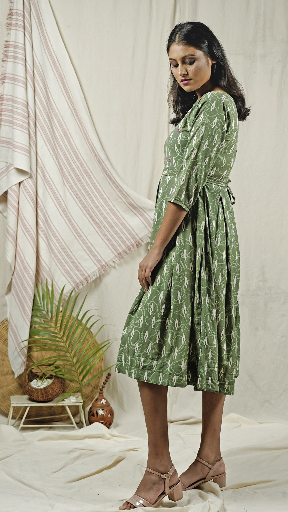 Shop pleat dress: Green block print dress online at bebaakstudio.com