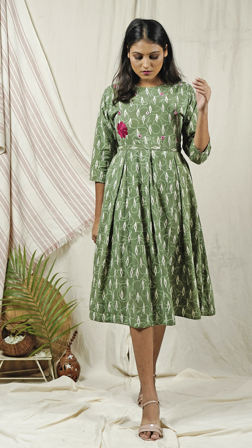 Shop pleat dress: Green block print dress online at bebaakstudio.com