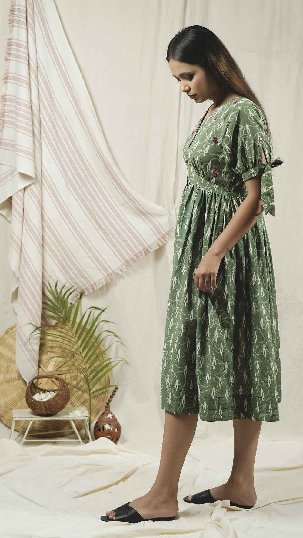 Green block print button down dress online at bebaakstudio.com