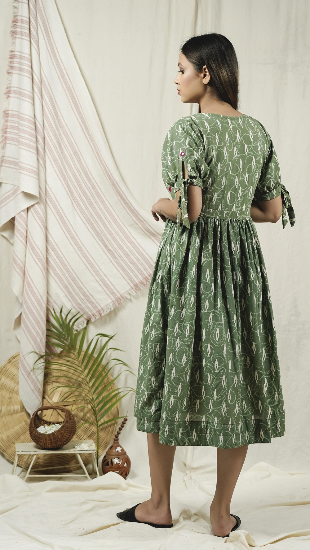 Green block print button down dress online at bebaakstudio.com