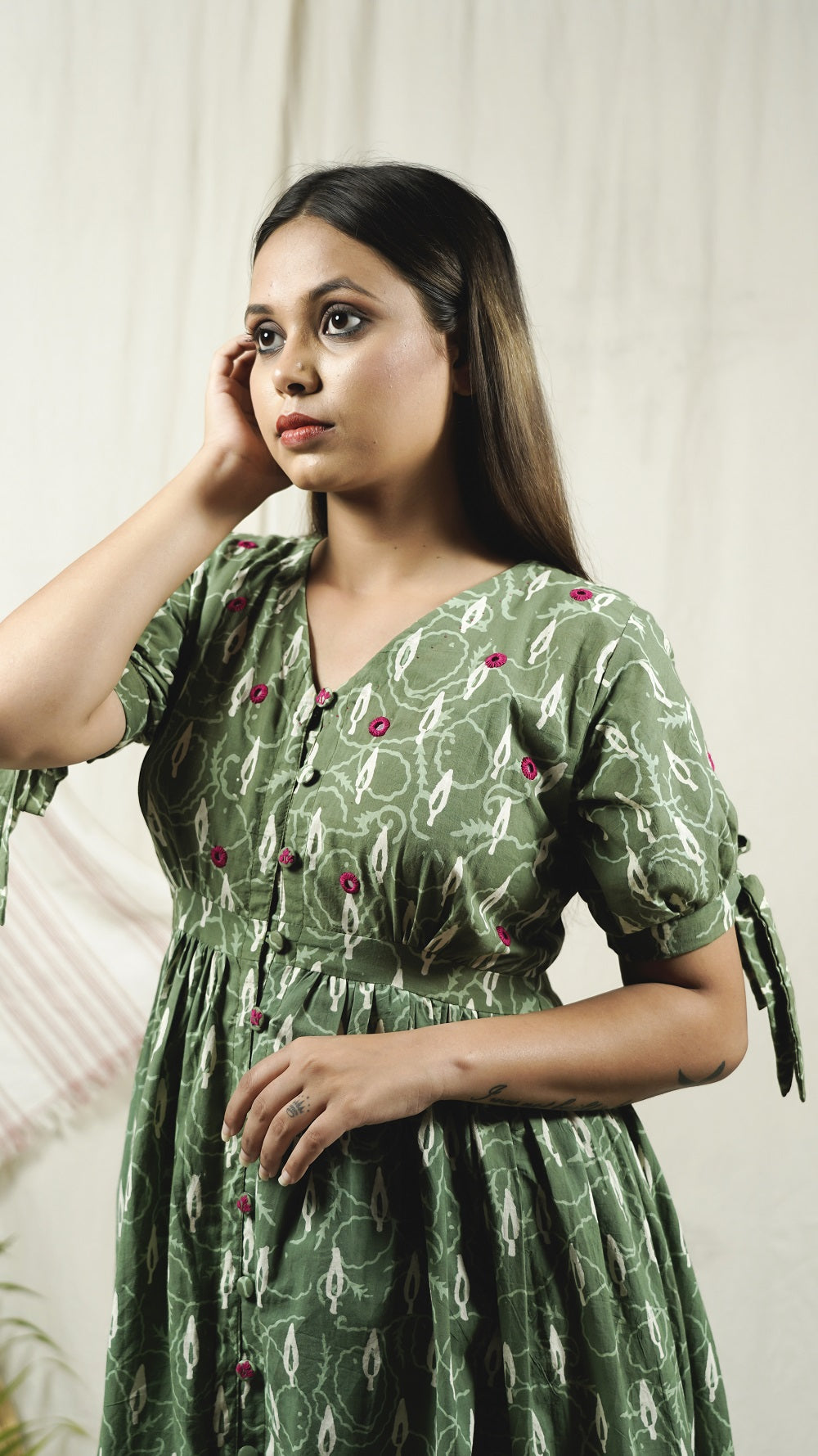 Green block print button down dress online at bebaakstudio.com