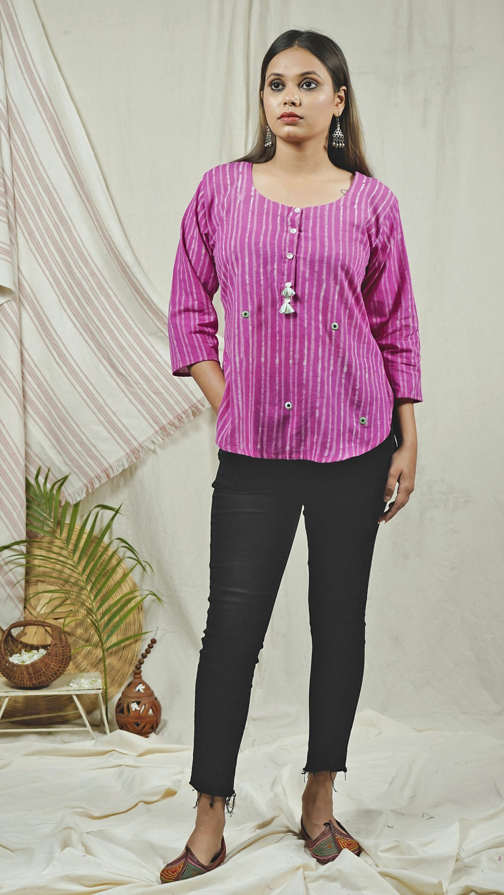 Pink block print short kurti online available at bebaakstudio.com