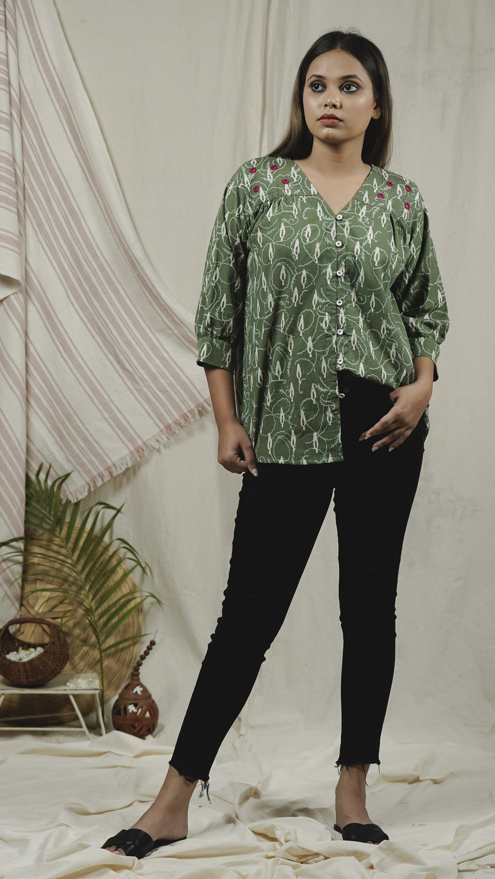 Green block print anti fit shirt online available at bebaakstudio.com