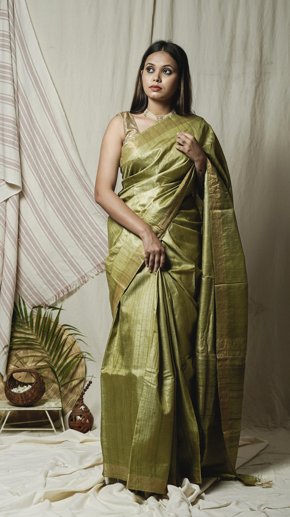 Shop silk saree: Green pure kosa silk saree online at bebaakstudio.com