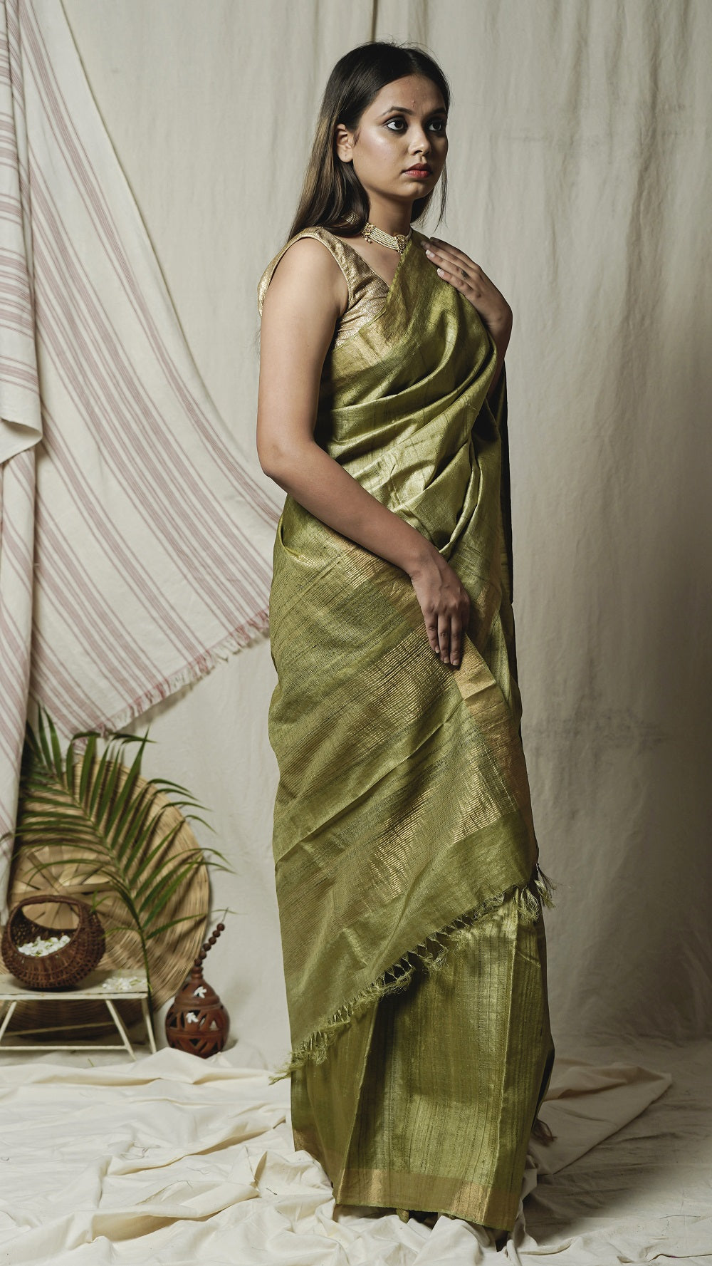 Shop silk saree: Green pure kosa silk saree online at bebaakstudio.com