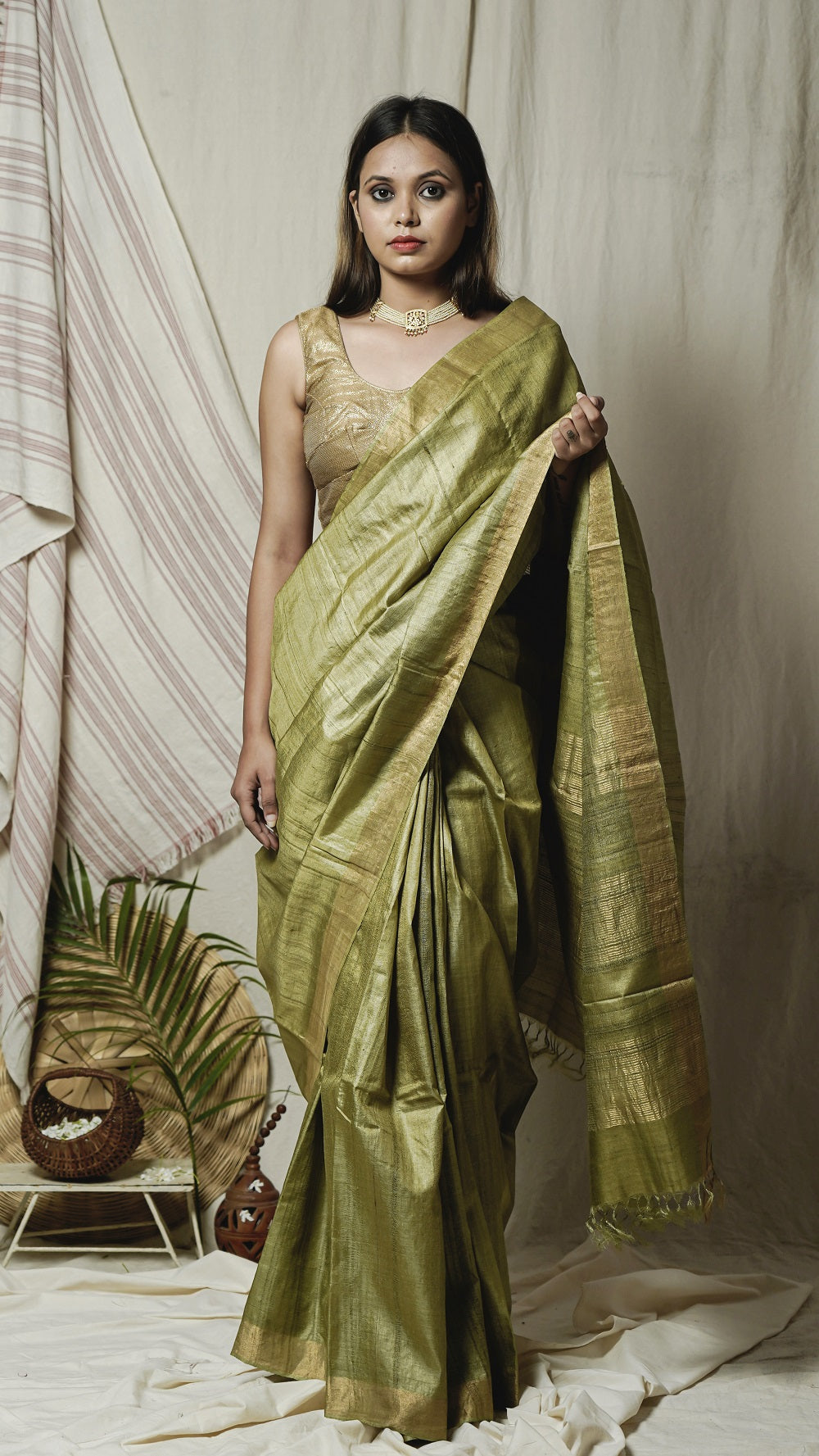 Shop silk saree: Green pure kosa silk saree online at bebaakstudio.com