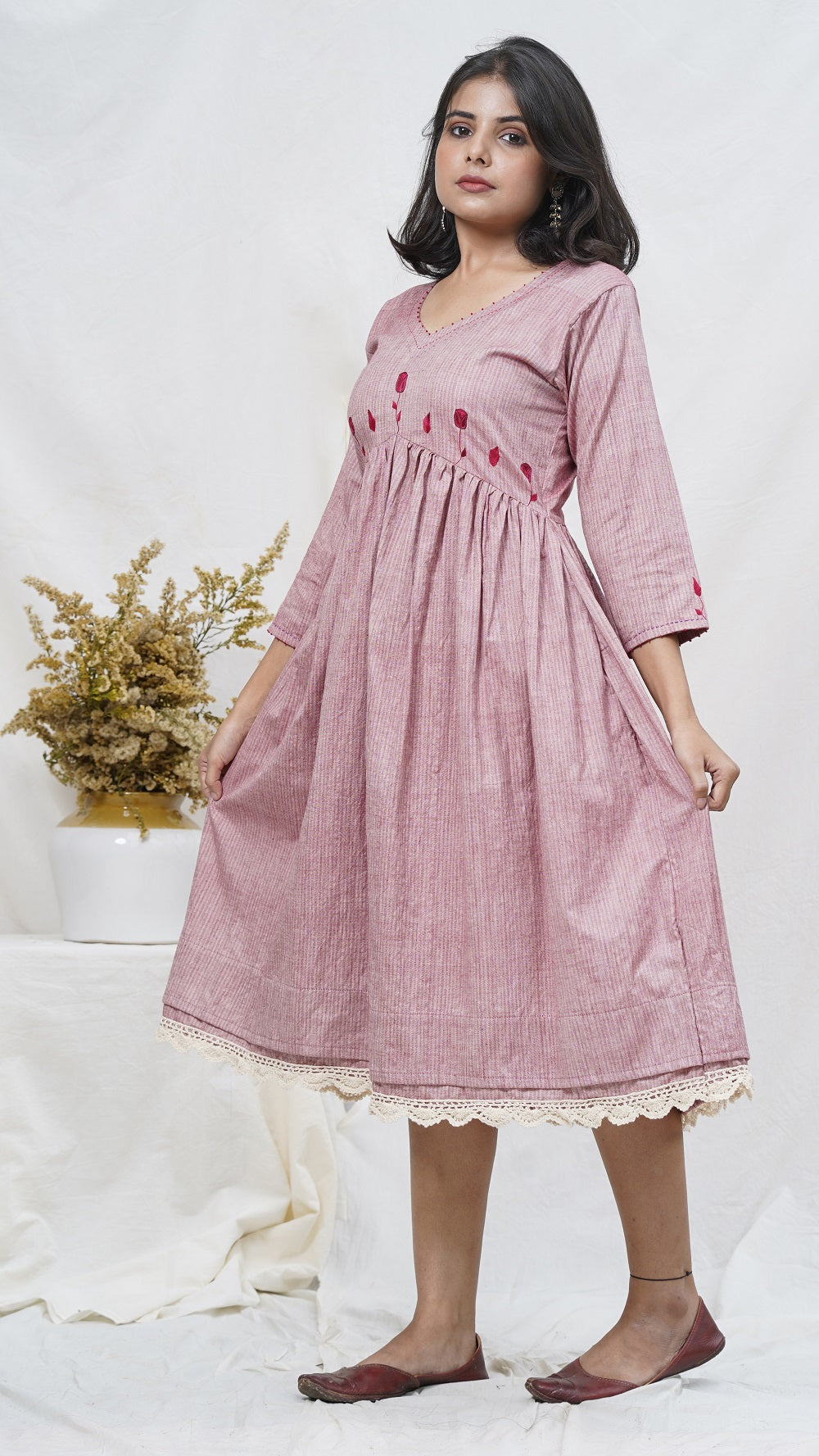 Rosy embroidered midi dress online at bebaakstudio.com