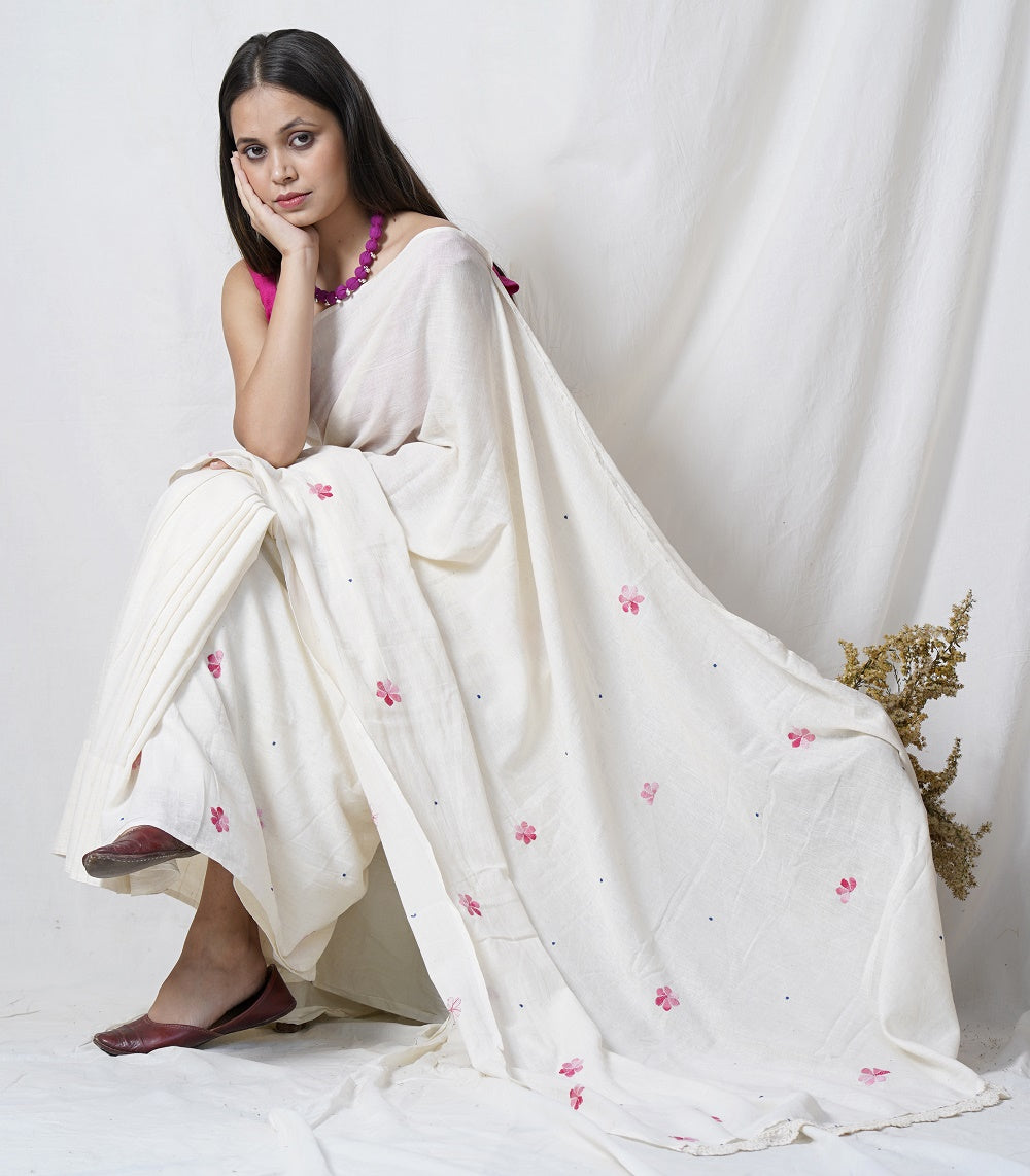 kora hand embroidered muslin saree available online at bebaakstudio.com