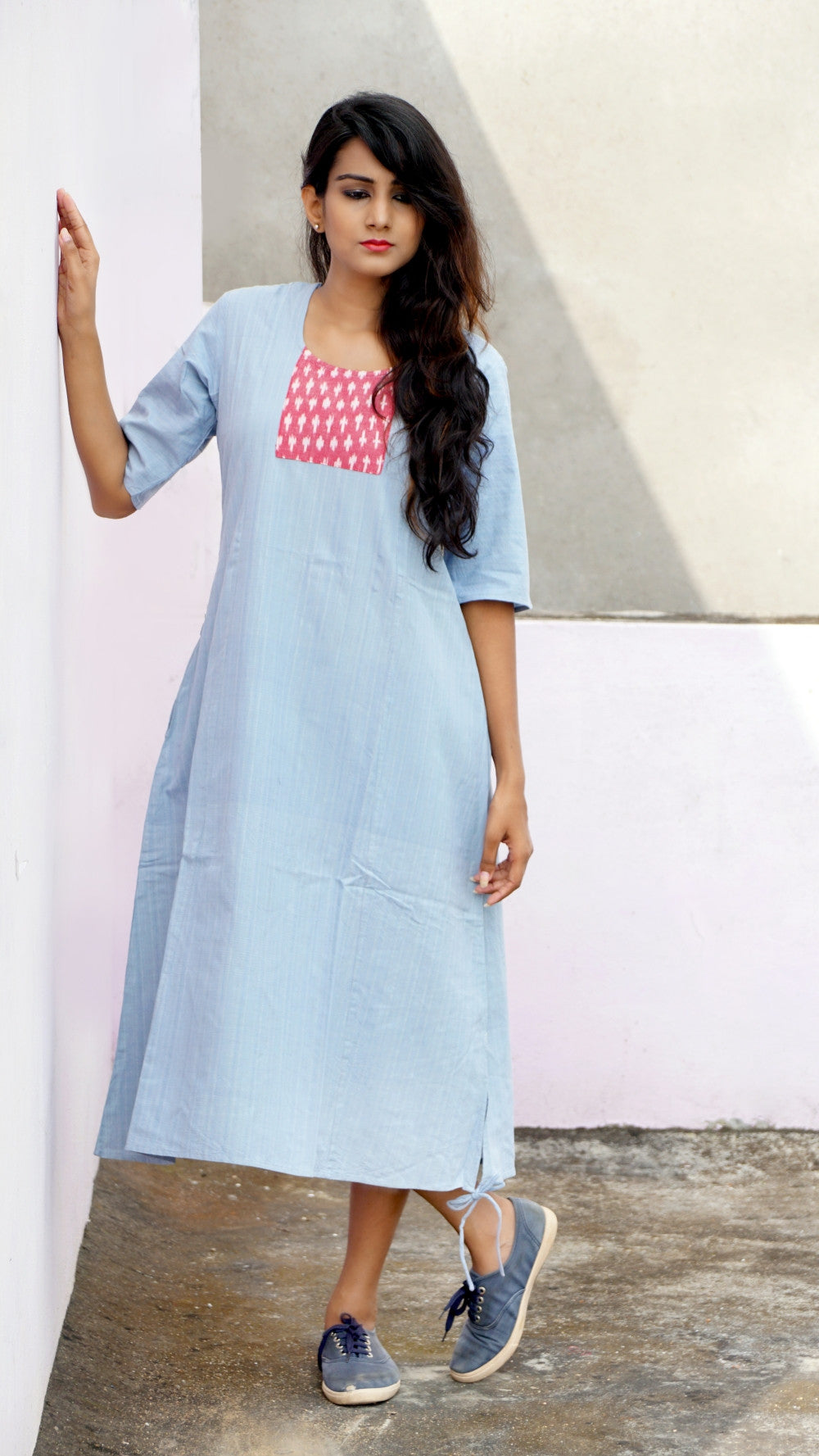 Grey handwoven cotton A-line casual dress