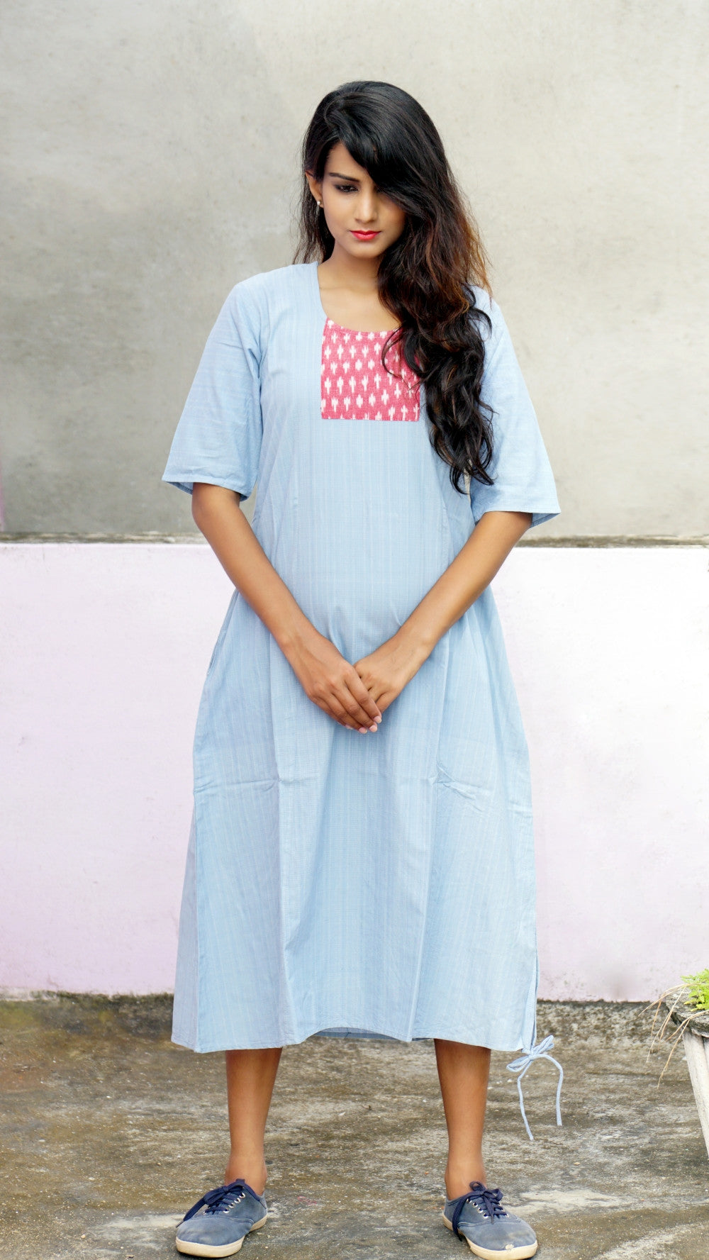Grey handwoven cotton A-line casual dress