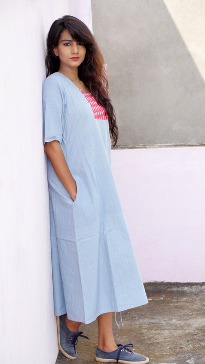 Grey handwoven cotton A-line casual dress