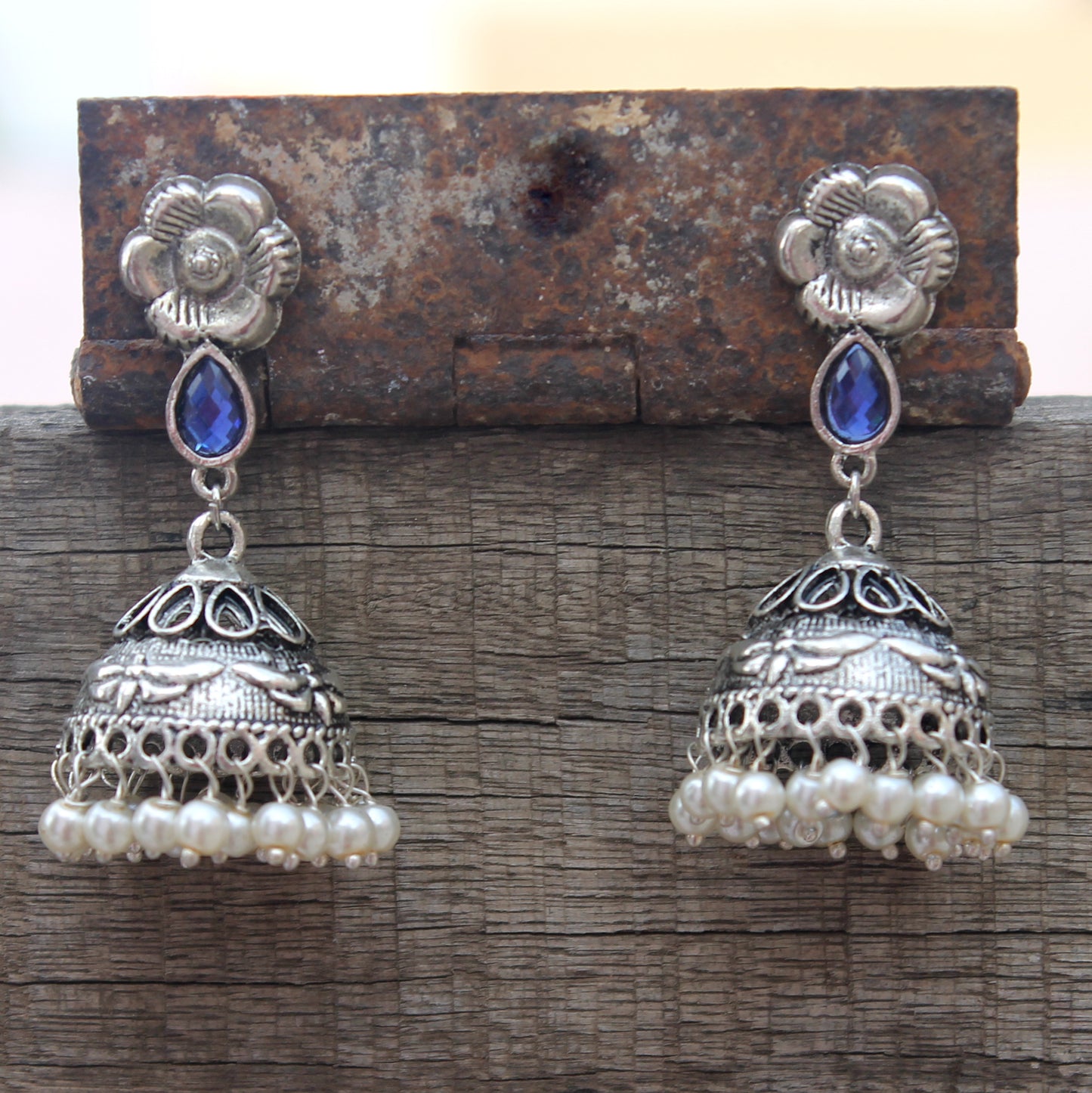 floral jhumka with blue stone