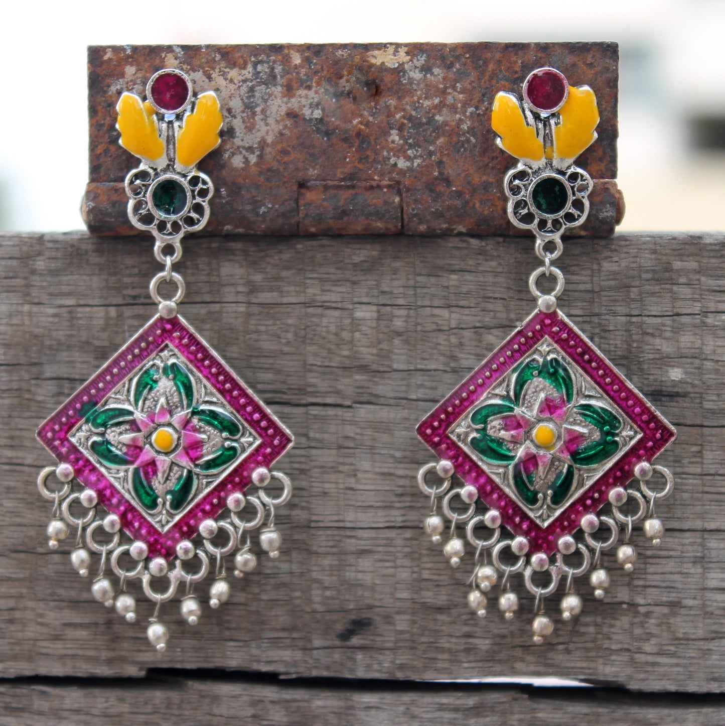 Multicolour geometry enamel drop earring